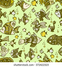 seamless pattern, hand drown fish , all fish are different and each has its own character