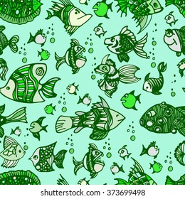 seamless pattern, hand drown fish , all fish are different and each has its own character