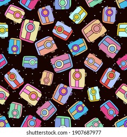 Seamless pattern with hand drown silhouette camera on color background. Summer travel. Holiday elements in doodle style, infographic. Fashion vector illustration for wallpaper, fabric, textile.