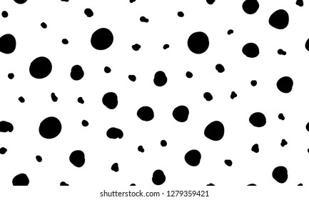 Seamless pattern hand drown spots, polka dots. Random dots, bubbles, circles. Background with black grain, dirt, blobs on white. Messy grunge elements. Irregular chaotic abstract vector illustration.