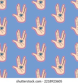 Seamless pattern of hand and eyes. Hands with all seeing eye. Hand drawn sketchy illustration with mystic and occult hand drawn symbols. Palmistry concept. Spirituality icon