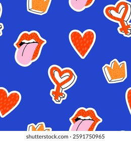 Seamless pattern with hand eyes, slogan, heart and signs. Bright colorful  Abstract print on blue background for fabric, wrapping, textile, wallpaper, apparel. Vector illustration. Funky style 