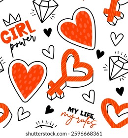 Seamless pattern with hand eyes, slogan, heart and signs. Bright colorful  Abstract print background for fabric, wrapping, textile, wallpaper, apparel. Vector illustration for teen girl. Funky style 