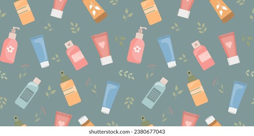 Seamless pattern of hand and face creams, organic cosmetics. Skin care background. Print, wallpaper. Vector