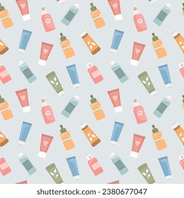 Seamless pattern of hand and face creams, organic cosmetics. Skin care background. Print, wallpaper. Vector