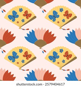 Seamless pattern with hand fans with feathers and butterflies on white background. Asian traditional folding souvenir. Cooling accessory. Vector flat illustration for wallpaper, textile, packaging 