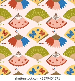 Seamless pattern with hand fans on white background. Asian traditional folding souvenir. Cooling accessory. Chinese, Japanese culture. Vector flat illustration for wallpaper, textile, packaging