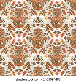 Seamless pattern with hand of Fatima, tribal ornament with magical symbols, vector illustration