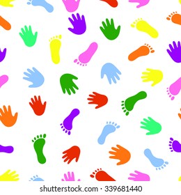 Seamless pattern hand and foot colorful prints. Element for design of children books, magazines, greeting cards, invitations, t-shirts, and other projects