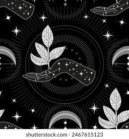 Seamless pattern with hand of fortune teller, plant, crescent and mystical symbols. Tattoo, poster or altar print design concept; esoteric, wicca and gothic background