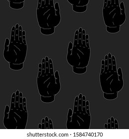 Seamless pattern with a hand gesture showing five fingers on a gray background .Vector illustration of a human palm in a flat style.Design for fabric, wallpaper, stickers and decor of web pages.