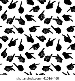 Seamless pattern with hand gestures in comic cartoon style. Vector illustration of human hands with index fingers up. 