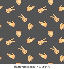 Seamless pattern with hand gestures in comic cartoon style. Vector illustration of human hands playing rock, paper, scissors.