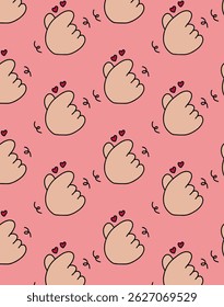 Seamless pattern of hand gestures making finger hearts with floating hearts. Great for romantic prints, wallpapers, K-pop fan merch, and love-themed designs.
