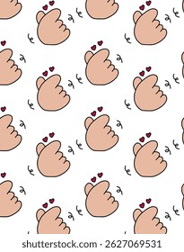 Seamless pattern of hand gestures making finger hearts with floating hearts. Great for romantic prints, wallpapers, K-pop fan merch, and love-themed designs.
