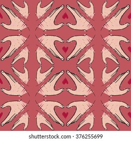 Seamless pattern of hand in heart shape with red heart inside on red background