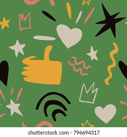 The seamless  pattern with  hand, hearts, crowns and stars. Hand drawn overlapping icon «like» background for your design.Textile, blog decoration, banner, poster, wrapping paper.