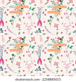 Nahtloses Muster mit einer Hand, die einen Strauß an wilden Blumen, Beeren, Blättern hält. Blumenmuster können als Textil, Stoff, Tapete, Banner usw. verwendet werden