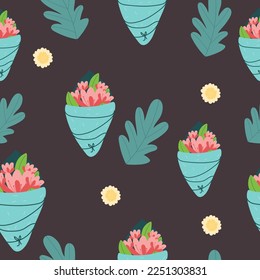 seamless pattern Hand holding or giving blooming bouquet of flowers, spring blossom and flourishing. Florist composition for holiday celebration. Flora in vase, decorative branches. Vector in flat