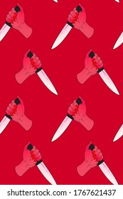 Patrón de mano sin foco sosteniendo un cuchillo, cuchillo afuera, asesinato y la ilustración del concepto de miedo, rojo caliente y negro esquema de color