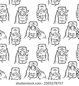 Seamless pattern, hand holding phone with love messages or notification, valentine's day design concept, line art style