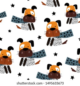 Seamless pattern with hand ink drawn dog hero. Creative childish texture in scandinavian style. Great for fabric, textile Vector Illustration