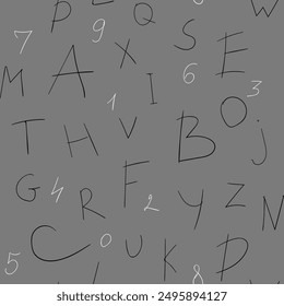 nahtloses Muster mit Handschrift, schwarzen Buchstaben und weißen Zahlen auf grauem Hintergrund. Verwenden Sie für Print, Stoff, Schulveranstaltungen, Werbung, Plakate, etc. Vektorgrafik