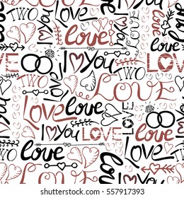 Seamless pattern with hand lettering and inscriptions I love you, Two, with arrows and rings. Valentine's day. Gift wrapping. Wedding.