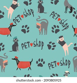 Seamless pattern Hand lettering pet shop and cute cats with dogs dressed in French style on a green background. Vector illustration. 