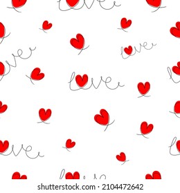 Seamless pattern with hand lettering text and hearts.