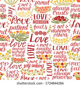 Seamless pattern with hand lettering words Love, patient, kind, always hopes, trusts, never fails. Biblical background. Modern calligraphy Scripture print. Christian graphic. Corintians