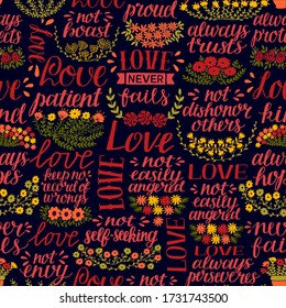 Seamless pattern with hand lettering words Love, patient, kind, always hopes, trusts, never fails. Biblical background. Modern calligraphy Scripture print. Christian graphic. Corintians