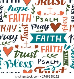 Seamless pattern with hand lettering words Faith, Trust, psalm, Pray. Biblical background. Christian design. Scripture print. 