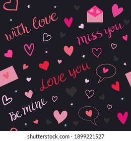 Seamless Pattern With Hand Lettering Words Miss You With Hearts, Love You, With Love, Be Mine, With Hearts, Stars, Email And Message Icons