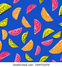 Seamless pattern of hand made of lemon, lime, orange and grapefruit. Colorful background with citrus fruits collection.