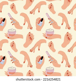 Patrón inquebrantable con manicura y cuidado manual. ilustraciones para cosméticos de uñas y salón de belleza. Pintura de manos, clavos de archivo, esmalte y crema de mano, conjunto de vectores