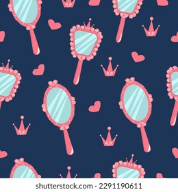 Seamless pattern with hand mirror from princess. Pink vintage accessory for a little girl on blue background. 
