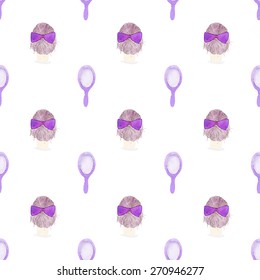 Seamless pattern with hand mirrors and women heads. Hand-drawn background. Vector illustration. Real watercolor drawing.