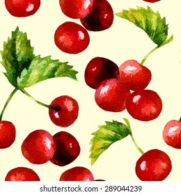 Seamless pattern with hand paint cherry. Watercolor vector illustration.