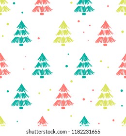 Seamless pattern with hand painted colorful trees on a white background. Vector illustration.