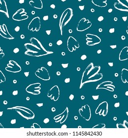 Seamless pattern with hand painted floral elements on a green background. Vector illustration.