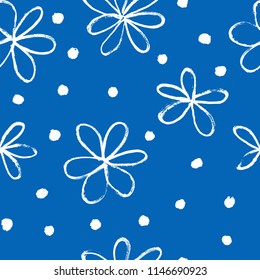 Seamless pattern with hand painted flowers and dots on a dark blue background. Vector illustration.