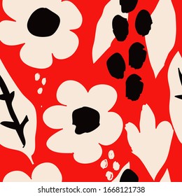 Seamless pattern with hand painted flowers and leaves in red, black, white. Floral organic background. Hand drawn vector illustration for creating fabrics, greeting cards, wrapping paper, packaging.

