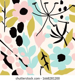 Seamless pattern with hand painted flowers and leaves in pastel colors. Floral organic background. Hand drawn vector illustration for creating fabrics, greeting cards, wrapping paper, packaging.
