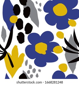 Patrón inoxidable con flores pintadas a mano y hojas en azul, negro, amarillo, blanco. Fondo orgánico floral. Vector de mano para la creación de tejidos, tarjetas de felicitación, papel de envoltura, embalaje.