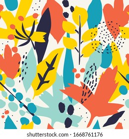 Seamless pattern with hand painted flowers and leaves in bright colors. Floral organic background. Hand drawn vector illustration for creating fabrics, greeting cards, wrapping paper, packaging.