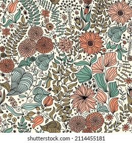 Seamless pattern with hand painted flowers, leaves in trendy color. Floral organic background. Doodle. Hand drawn vector illustration for creating fabric, greeting card, wrapping paper, interior decor