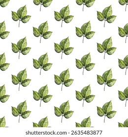 Seamless pattern of hand painted green leaves on a white background. Perfect for eco friendly designs, nature inspired projects, and botanical themes. Ideal for wallpapers, textiles, and stationery.