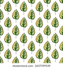 Seamless pattern of hand painted green leaves on a white background. Perfect for eco friendly designs, nature inspired projects, and botanical themes. Ideal for wallpapers, textiles, and stationery.