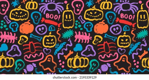 Seamless Pattern With Hand Painted Halloween
Creatures, Pumpkins, Spiders, Ghosts. Cute Creepy Holiday Characters. Endless Spooky Wallpaper, Background.